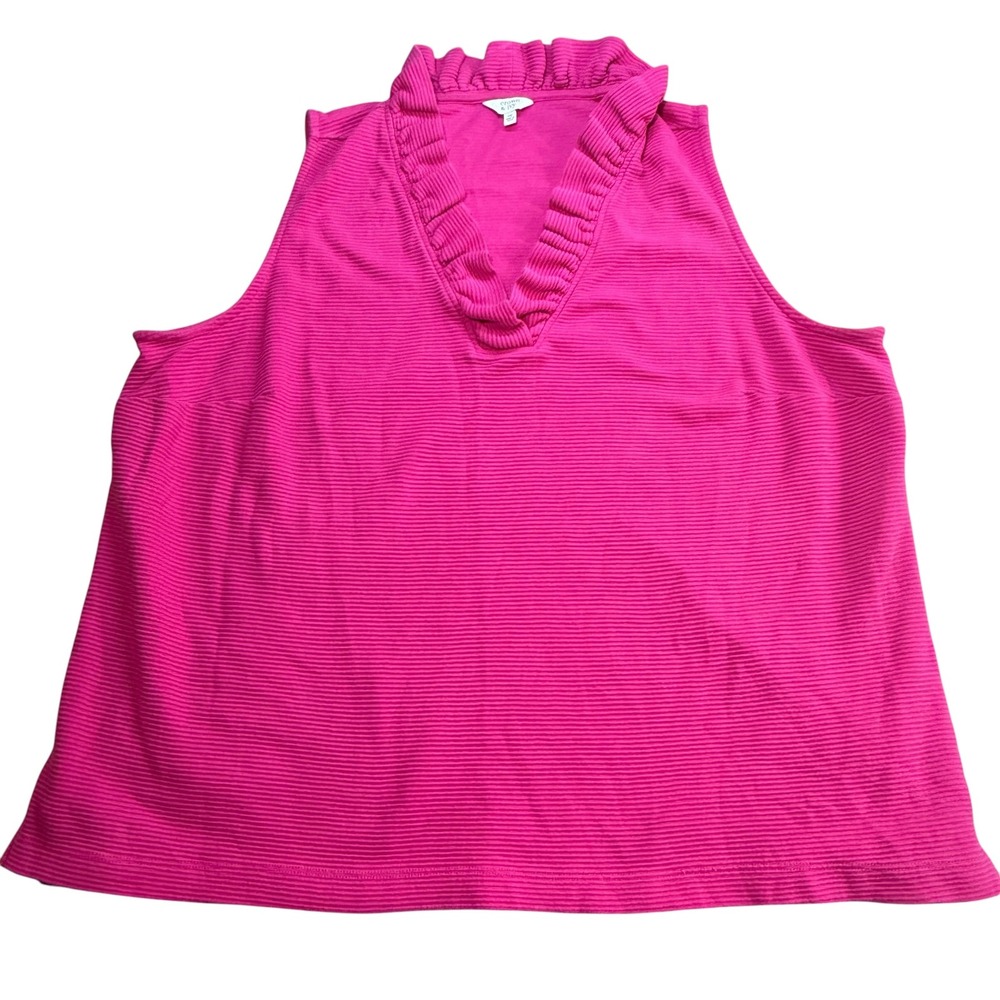 Crown & Ivy Hot Pink Ruffle V-Neck Sleeveless Ribbed Top Womens 2X - Picture 2 of 5